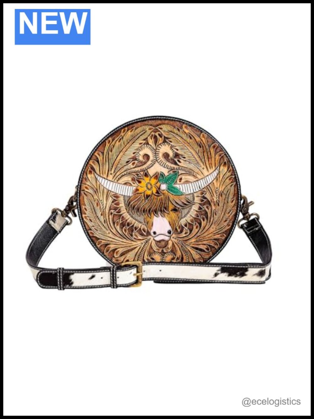 Women's Round Upcycled Leather Shoulder Bag Hand-Tooled Western Floral